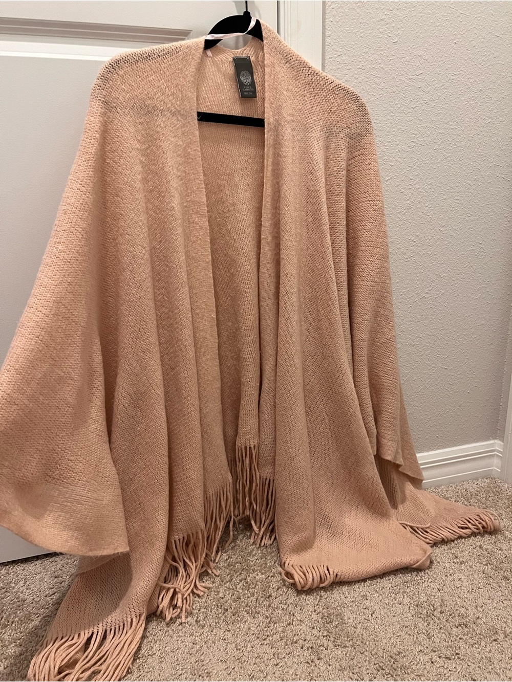Vince Camuto Blush Pink Fringe Knit Ruana Wrap Open Front Poncho One Size